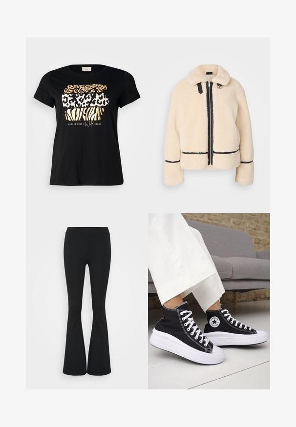 Cream-colored, fluffy teddy jacket with a zip front, black zipper, and leather accents. Features a soft, collared neck and wide sleeves.; Black cotton t-shirt with a crew neck, featuring layered animal print designs in gold, orange, and white with the text "always keep a Wild heart."; Black flared pants made of stretchy fabric, featuring a high waistband and a smooth texture. The pants flare out from the knee.; Black high-top sneakers with white rubber soles and laces. Features a round logo patch and contrasting white stitching. Canvas material.