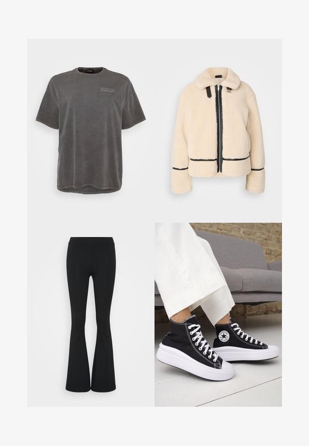 Krämfärgad, fluffig teddyjacka med dragkedja framtill, svart dragkedja och läderdetaljer. Har en mjuk, krages hals och vida ärmar.; Grå bomullströja med korta ärmar, rund halsringning och en något förlängd baksida. Har en liten tryckt text på framsidan.; Svarta utsvängda byxor i elastiskt tyg med hög midja och en mjuk textur. Byxorna vidgar sig från knäet.; Svarta höga sneakers med vita gummisulor och snören. Har en rund logotypmärke och kontrasterande vita sömmar. Tillverkade av canvasmaterial.