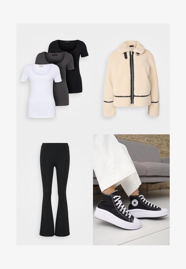 Cream-colored, fluffy teddy jacket with a zip front, black zipper, and leather accents. Features a soft, collared neck and wide sleeves.; Three fitted T-shirts in white, gray, and black. Each features a wide scoop neckline and short sleeves. Made from smooth, stretchy fabric.; Black flared pants made of stretchy fabric, featuring a high waistband and a smooth texture. The pants flare out from the knee.; Black high-top sneakers with white rubber soles and laces. Features a round logo patch and contrasting white stitching. Canvas material.