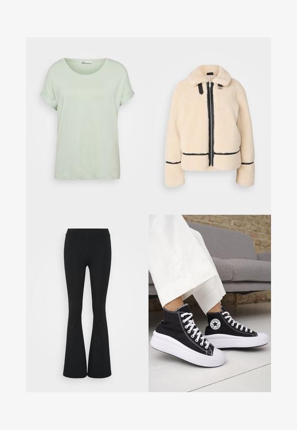 Cream-colored, fluffy teddy jacket with a zip front, black zipper, and leather accents. Features a soft, collared neck and wide sleeves.; Light green short-sleeve t-shirt with a round neck, rolled sleeves, and a soft texture, made from lightweight fabric.; Black flared pants made of stretchy fabric, featuring a high waistband and a smooth texture. The pants flare out from the knee.; Black high-top sneakers with white rubber soles and laces. Features a round logo patch and contrasting white stitching. Canvas material.