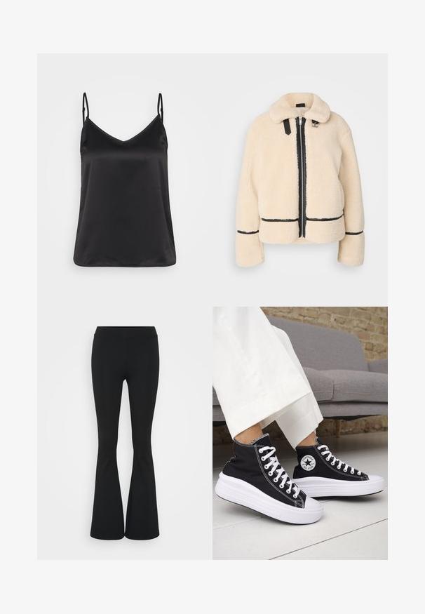 Cream-colored, fluffy teddy jacket with a zip front, black zipper, and leather accents. Features a soft, collared neck and wide sleeves.; Black satin camisole with a V-neck, thin adjustable straps, and a smooth, glossy texture. No patterns or additional accents.; Black flared pants made of stretchy fabric, featuring a high waistband and a smooth texture. The pants flare out from the knee.; Black high-top sneakers with white rubber soles and laces. Features a round logo patch and contrasting white stitching. Canvas material.