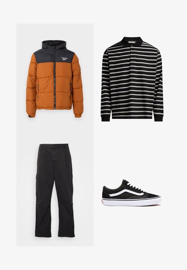 Puffjacka med svart övre del och orange nedre del, med dragkedja fram, justerbar huva och Reebok-logotyp på bröstet.; Långärmad polo tröja tillverkad av svart tyg med vita horisontella ränder, med krage och treknappsslå.; Svarta cargobyxor med rak bendesign, som har två sidofickor, ett knäppclosure och en strukturerad tyg.; Svart canvas sneaker med vita accenter, med rundad tå, snörningsdesign och gummisula. Sido-logo och sömnadsdetaljer synliga.
