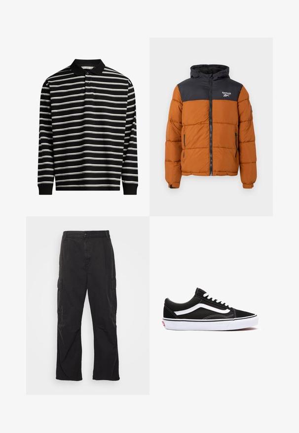 Puffer bunda s černou horní částí a oranžovou dolní částí, se zipem vpředu, nastavitelnou kapucí a logem Reebok na hrudi.; Pánská polo košile s dlouhým rukávem vyrobená z černé látky s bílými horizontálními pruhy, vybavená límcem a zapínáním na tři knoflíky.; Černé cargo kalhoty se rovnými nohavicemi, obsahující dvě boční kapsy, zapínání na knoflík a strukturovanou tkaninu.; Černé plátěné tenisky s bílými akcenty, s kulatou špičkou, šněrovacím designem a gumovou podrážkou. Viditelné logo na boku a detaily prošívání.
