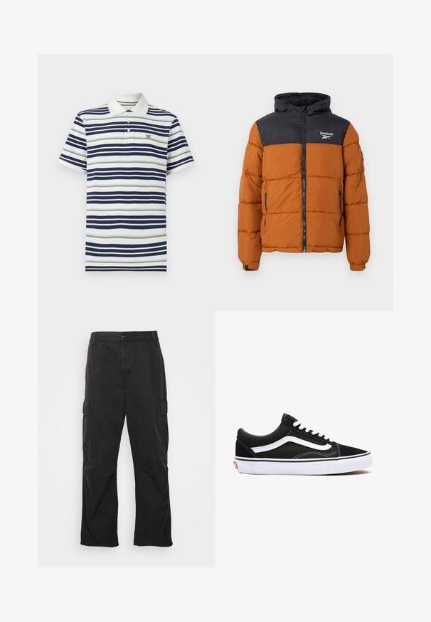 Kurtka puchowa z czarną górną częścią i pomarańczową dolną częścią, z zamkiem z przodu, regulowanym kapturem oraz logo Reebok na klatce piersiowej.; Koszulka polo w paski w kolorze granatowym, jasnoniebieskim i beżowym. Wykonana z bawełny, z klasycznym kołnierzykiem i zapięciem na trzy guziki. Małe logo na klatce piersiowej.; Czarne spodnie cargo z prostym krojem nogawki, z dwoma bocznymi kieszeniami, zapięciem na guzik i teksturowanym materiałem.; Czarne trampki na płaskiej podeszwie z białymi akcentami, posiadające zaokrąglony czubek, sznurowany design i gumową podeszwę. Widoczne logo po bokach i detale przeszyć.