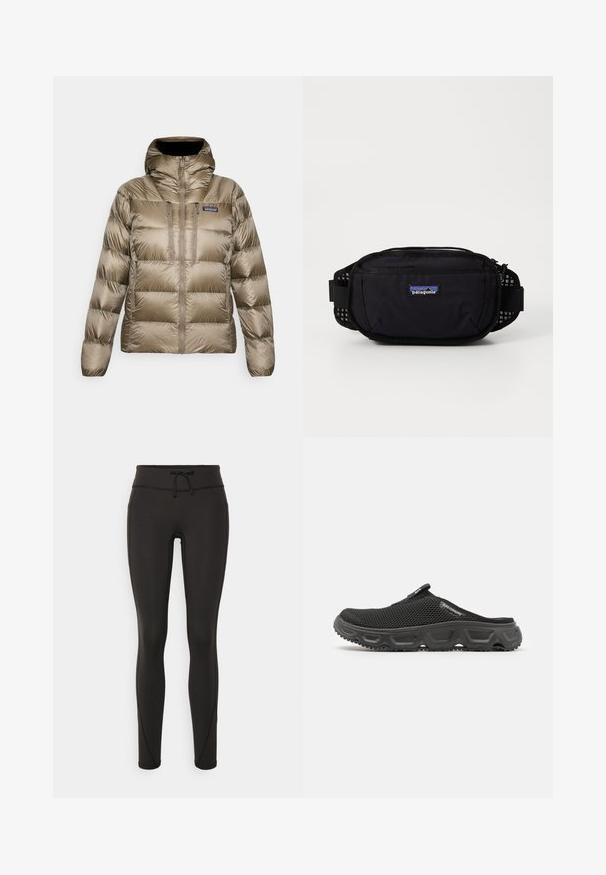 Casaco acolchoado castanho com gola alta, capuz, fecho frontal completo, dois bolsos verticais no peito e logótipo da Patagonia no peito.; T-shirt preto da Columbia com arte em linha branca circular representando montanhas e rios, e o texto "Columbia Sportswear Company Outside Since 1938."; Leggings pretos com uma cintura alta, cordão, textura suave e design ajustado. Apresentam detalhes de costura ao longo das laterais.; Sandal de malha preta com sola de borracha texturizada, biqueira arredondada e alça na parte de trás. Apresenta costura visível e um detalhe discreto do logotipo.; Mala de cintura preta da Patagonia com compartimento principal com fecho, detalhes em rede nas laterais e alça ajustável. Apresenta logótipo da marca na frente.