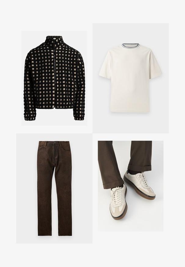 Giacca in pile nera e beige con motivo a griglia, collo alto e zip frontale. Presenta una superficie texturizzata con quadrati soffici.; T-shirt in cotone color crema con maniche corte, caratterizzato da un collo rotondo decorato da righe blu navy e bianche. Tessuto liscio, vestibilità comoda.; Jeans in denim marrone con una leggera texture distressed, design a gamba dritta, cinque tasche e chiusura con bottone in vita.; Sneakers beige con una parte anteriore in suede testurizzato, lati in pelle liscia e una suola in gomma marrone. Inclusi lacci e dettagli di cucitura leggera.