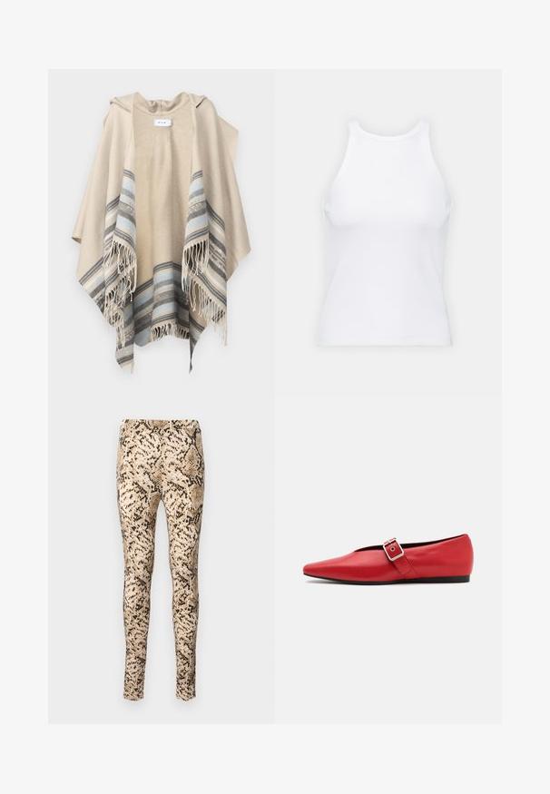 VILA VIEMMA HOODED PONCHO - Ogrinjalo - birch; Bela brezrokavna majica iz rebraste tkanine, z zaobljenim izrezom in prilegajočim silhueto, z minimalnimi šivi in brez okraskov.; Leggingi s kačjim vzorcem v bež in črni barvi z oprijetim dizajnom, ki imajo gladko teksturo in raztegljiv pas za udobje.; Rdeče usnjene balerinke s koničastim nosom, z bočnim trakom z kovinsko sponko in nizko črno peto. Gladka tekstura po celotni površini.