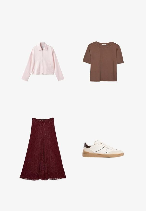 Lichtroze cropped jasje met een puntige kraag, een ritssluiting aan de voorkant en twee zijzakken. Glad materiaal met een eenvoudig, strak ontwerp.; Korte mouwen T-shirt in bruin, gemaakt van een zachte stof, met een ronde halslijn en een relaxte pasvorm. Geen zichtbare patronen of accenten.; Lange bordeaux laken rok met een A-lijn silhouet en semi-doorzichtig bloemenpatroon.; Stradivarius Sneakers laag - white