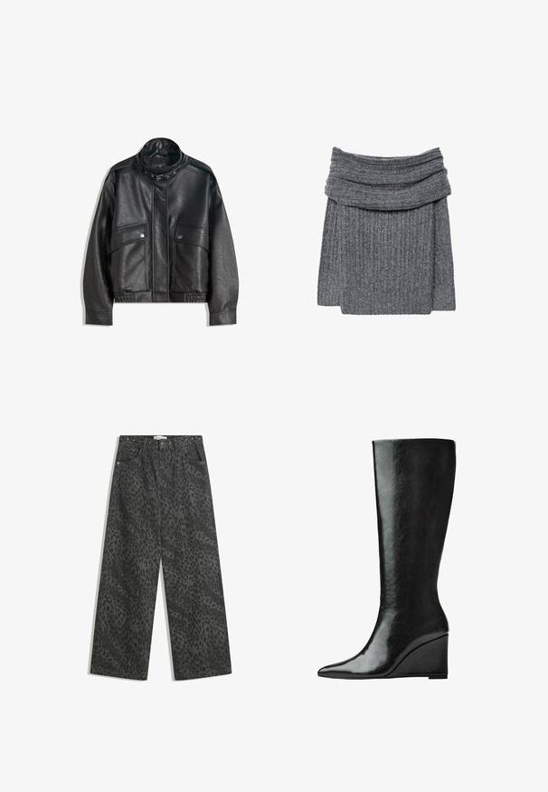 Svart läderjacka med hög krage, dragkedjestängning, framfickor med tryckknapp och elastisk nederkant; slät yta med detaljerad sömnad.; Grå ribbad tröja med en bred, vikbar krage och en mysig textur. Designen är enkel och minimalistisk utan synlig logotyp.; Svarta denimbyxor med vida ben som har ett subtilt leopardmönster, metalldetaljer på midjebandet och klassisk femfickdesign.; Knähöga svarta läderstövlar med en slank, spetsig tå och kilklack. Ytan är slät med en glansig finish.