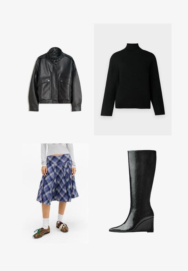 Čierna kožená bunda s vysokým golierom, zipsovým zapínaním, prednými vreckami na patentky a elastickým spodným okrajom; hladká textura s detailným prešívaním.; Čierny rolák z jemného pleteného materiálu, so širokými rukávmi a voľným strihom. Hladká textúra bez viditeľných vzorov alebo akcentov.; Modrá kockovaná midi sukňa s záhybmi, vyrobená z mäkkej látky. Skombinovaná s hnedými topánkami s farebnými šnúrkami a bielymi ponožkami.; Čierne kožené topánky po kolená s úzkym, špicatým nosom a klínovým podpätkom. Povrch je hladký s lesklým povrchom.