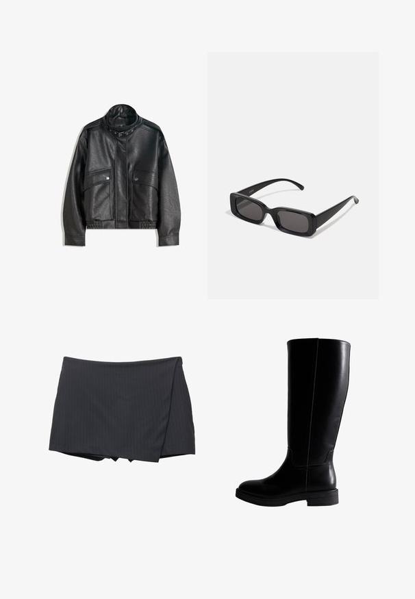 Veste en cuir noir avec un col haut, fermeture éclair, poches avant à pression et ourlet élastiqué ; texture lisse avec des coutures détaillées.; Pull en maille noir à manches longues avec col rond, poignets et ourlet côtelés, et longueur cropped.; Mini-jupe noire à rayures, avec un design enroulé, fabriquée à partir d'un tissu lisse. Dispose d'une finition soignée et sans attache visible.; Bottes noires en cuir jusqu'aux genoux avec une texture lisse, bout rond, coutures minimales et semelle en caoutchouc plate. Design simple et élancé.; Lunettes de soleil noires rectangulaires avec des verres foncés, finition brillante, larges branches et un design de monture épaisse. Nom de marque gravé sur une branche.; Sac en cuir noir avec une texture lisse, un corps large, une fine bandoulière et une fermeture éclair sur le dessus.
