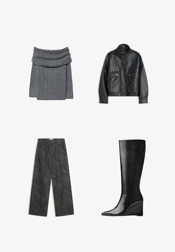Černá kožená bunda s vysokým límcem, zapínáním na zip, předními kapsami na patent a elastickým lemem; hladká textura s detailním prošíváním.; Šedý žebrovaný svetr s širokým, skládacím límcem a příjemnou texturou. Design je jednoduchý a minimalistický, bez viditelného brandingu.; Černé džínové kalhoty s širokými nohavicemi, které mají jemný vzor leopardí srsti, kovové hroty na pásku a klasický design s pěti kapsami.; Černé kožené boty do půlky lýtek s úzkou, špičatou špičkou a klínovým podpatkem. Povrch je hladký s lesklým finišem.