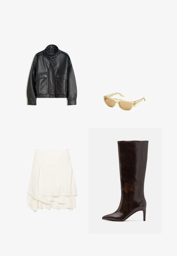 Veste en cuir noir avec un col haut, fermeture éclair, poches avant à pression et ourlet élastiqué ; texture lisse avec des coutures détaillées.; Camisole noir transparent avec bretelles spaghetti, ornée d'accents en perles florales et d'une fermeture à nouer à l'avant. Tissu léger et texturé.; Jupe enveloppante blanche avec un design en couches, présentant des détails en dentelle texturée le long de l'ourlet, un tissu doux et une silhouette fluide.; Call it Spring RHODDE - Bottes à talons hauts - medium brown; Lunettes de soleil avec une monture en plastique jaune clair et des verres teintés bruns. Caractérisées par une forme rectangulaire et des branches élégantes.