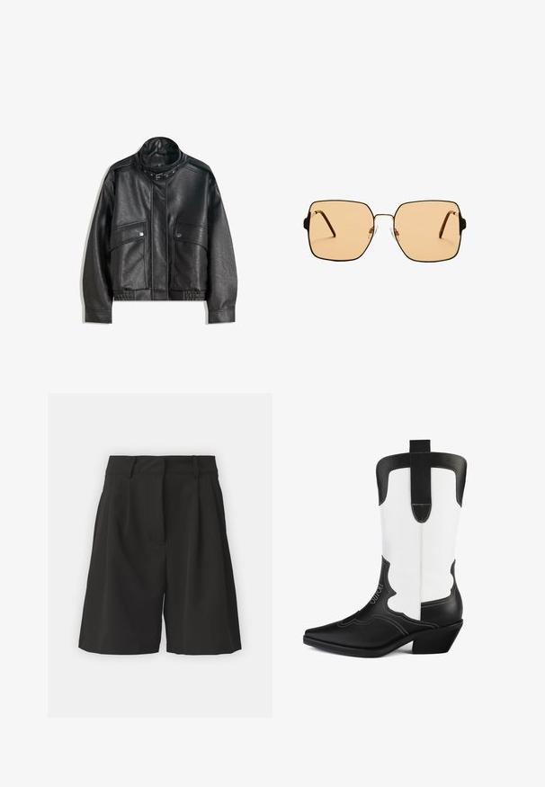Černá kožená bunda s vysokým límcem, zapínáním na zip, předními kapsami na patent a elastickým lemem; hladká textura s detailním prošíváním.; Černá průhledná tílko s tenkými ramínky, zdobené květinovými perlovými akcenty a předním zavazováním. Lehké a texturované tkaniny.; Černé kraťasy s propracovaným střihem, s nařasením vpředu, širokým pasem a hladkým povrchem. Bez viditelných kapes.; Černobílé kovbojské boty vyrobené z umělé kůže, s špičatou špičkou, vlnkovým designem a nízkým blokovým podpatkem. Výrazné prošívání.; Čtvercové sluneční brýle s hnědými skly a tenkým černým kovovým rámem. Mají šikmé stranice a nastavitelná nosní polštářky pro pohodlí.; Černá tkaná taška přes rameno s hladkým koženým popruhem a uzavíráním na zip. Dispozice obsahuje texturovaný povrch a zakřivený tvar.