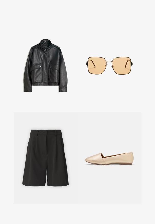 Svart läderjacka med hög krage, dragkedjestängning, framfickor med tryckknapp och elastisk nederkant; slät yta med detaljerad sömnad.; Svart genomskinlig chemisette med spagettistängar, prydd med blommiga pärldetaljer och en framknutning. Lätt och texturerad tyg.; Svarta shorts med skräddarsydd design, med veck framtill, bred midja och en slät yta. Inga synliga fickor.; Platta skor i mjukt beige läder med rund tå, slät yta och minimalistisk design. Lågprofilsula för enkel användning.; Fyrkantiga solglasögon med bruna linser och en tunn svart metallram. Har vinklade skalmar och justerbara näsdelar för ökad komfort.; Svart vävd axelväska med ett slätt läderhandtag och dragkedjestängning. Har en strukturerad yta och en böjd form.