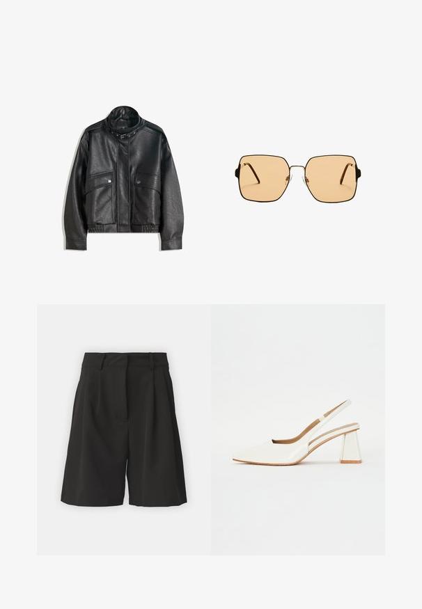 Svart läderjacka med hög krage, dragkedjestängning, framfickor med tryckknapp och elastisk nederkant; slät yta med detaljerad sömnad.; Svart genomskinlig chemisette med spagettistängar, prydd med blommiga pärldetaljer och en framknutning. Lätt och texturerad tyg.; Svarta shorts med skräddarsydd design, med veck framtill, bred midja och en slät yta. Inga synliga fickor.; Vita lackläder slingback-sko med spetsig tå och geometrisk klack. Insidan har en tan-färgad innersula och minimala sidoutskärningar.; Fyrkantiga solglasögon med bruna linser och en tunn svart metallram. Har vinklade skalmar och justerbara näsdelar för ökad komfort.; Svart vävd axelväska med ett slätt läderhandtag och dragkedjestängning. Har en strukturerad yta och en böjd form.