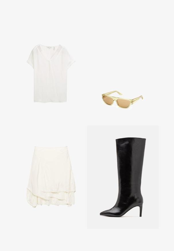 Sort læderjakke med høj krave, lynlås lukning, frontlommer med trykknapper og elastisk kant; glat tekstur med detaljeret syning.; Hvid kortærmet top med V-hals, lavet af letvægtsstof. Har op-rullede ærmer og en afslappet pasform, med en glat tekstur.; Hvid indpakket nederdel med lagdelt design, der har tekstureret blondedetaljer langs kanten, blødt stof og en svævende silhuet.; Call it Spring RHODDE - Højhælede støvler - black; Solsikker med en klar gul plastisk ramme og brune tonede linser. Har en rektangulær form og slanke stænger.; Sort læder hobo taske med et afslappet design, bred skulderrem og glat tekstur. Har en enkelt lynlåslukning på siden.
