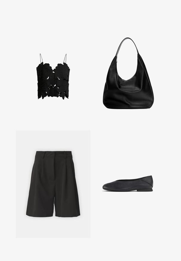 Zwarte leren jas met hoge kraag, ritssluiting, voorkant met drukknopen en elastische zoom; gladde textuur met gedetailleerde stiksels.; Zwarte crop top met gelaagde, bladvormige uitsparingen, dunne verstelbare bandjes en een gestructureerde afwerking voor een strak ontwerp.; Zwarte shorts met een op maat gemaakte ontwerping, voorzien van plooien aan de voorkant, een brede tailleband en een soepele textuur. Geen zichtbare zakken.; Zwarte leren platte schoen met ronde teen en lage hak, ontworpen voor casual of formele gelegenheden.; Zwarte leren hobo tas met een slouchy ontwerp, brede schouderband en een gladde textuur. Heeft een enkele ritssluiting aan de zijkant.