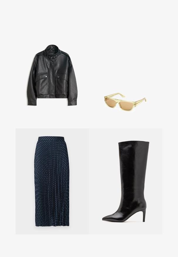 Mustat nahkatakki, jossa on korkea kaulus, vetoketjusuljenta, etupainonapit ja joustava helma; sileä rakenne, jossa on yksityiskohtaisia ompeleita.; Valkoinen satiininen toppi, jossa on pitsikoristeet V-mallisessa kaula-aukossa, ohuilla säädettävillä olkaimilla ja sileä pinta.; Laivastonsininen laskostettu hame, jossa on valkoisia pilkkuja. Hameessa on muotoiltu vyötärö, virtaava kangas ja kokopitkä malli.; Call it Spring RHODDE - Korolliset saappaat - black; Aurinkolasit, joissa on kirkas keltainen muovikehys ja ruskeat tummennetut linssit. Niillä on suorakulmainen muoto ja tyylikkäät templet.; Musta nahkainen hobo-laukku, jossa on löysä muotoilu, leveä olkahihna ja sileä pinta. Sisältää yhden vetoketjukiinnityksen sivussa.