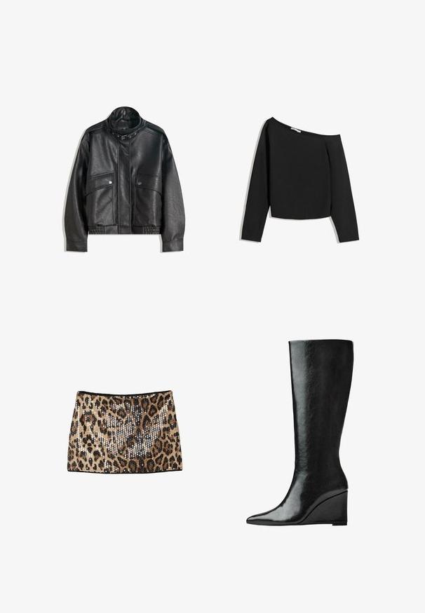 Czarna skórzana kurtka z wysokim kołnierzem, zapinana na zamek, z przednimi kieszeniami na zatrzask i elastycznym dołem; gładka faktura z szczegółowym przeszyciem.; Czarna bluzka bez ramiączek z długim rękawem, wykonana z miękkiego materiału. Posiada krótki krój z szerokim dekoltem i dopasowanymi rękawami.; Mini spódnica w wzór geparda z złotymi i czarnymi cekinami, dopasowany krój oraz czarny pas.; Czarne skórzane kozaki sięgające do kolan, z eleganckim, spiczastym noskiem i obcasem w kształcie klina. Powierzchnia jest gładka o błyszczącym wykończeniu.