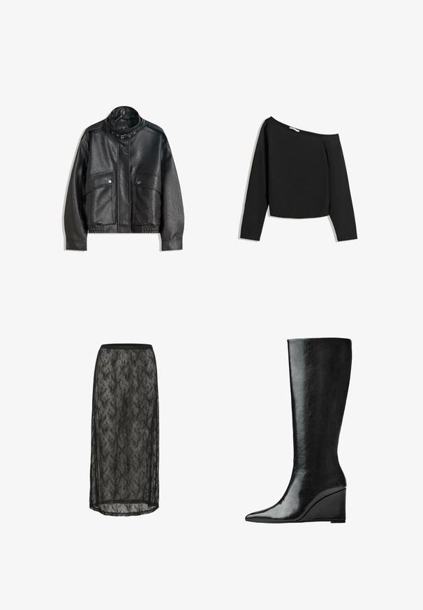 Mustat nahkatakki, jossa on korkea kaulus, vetoketjusuljenta, etupainonapit ja joustava helma; sileä rakenne, jossa on yksityiskohtaisia ompeleita.; Mustat olkapäiltä paljaat pitkähihaiset paidat, jotka on valmistettu pehmeästä kankaasta. Ominaisuuksiin kuuluu lyhyt malli, jossa on leveä kaula-aukko ja tiukat hihat.; Mustat pitsimidi-hame, jossa on kukkakuosi, joustava vyötärö ja läpinäkyvä kangas, jossa on sivuhihoja lisätyönnän ja liikkumisen vuoksi.; Polvisteeseen asti yltävät mustat nahkasaappaat, joissa on sulavalinjainen, terävä kärki ja viistolevy. Pintamateriaali on sileä ja kiiltävä.