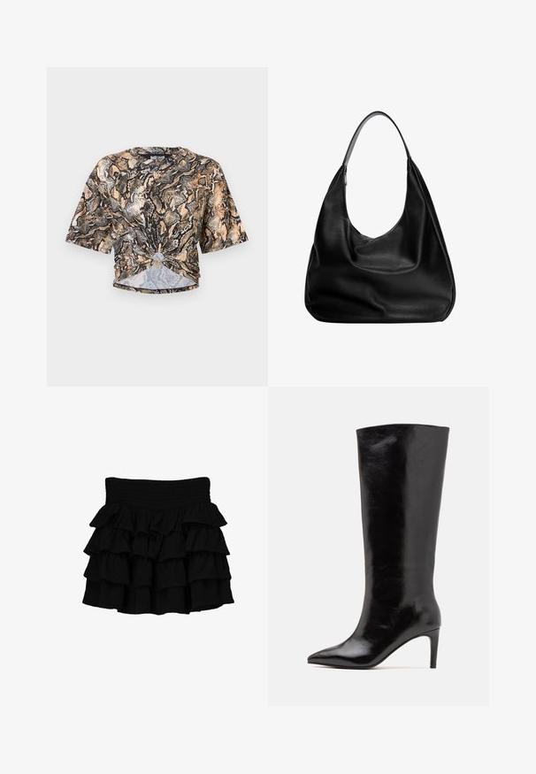 Jachetă din piele neagră cu guler înalt, închidere cu fermoar, buzunare frontale cu capse și tiv elastic; textură netedă cu cusături detaliate.; Just Cavalli PYTHON - Tricou cu imprimeu - marzapan\curry; Fustă neagră cu volane, având o talie elastică, realizată dintr-un material moale, cu volane suprapuse care adaugă textură.; Call it Spring RHODDE - Cizme cu toc - black; Geantă hobo din piele neagră, cu un design lejer, curea lată pentru umăr și textură netedă. Prezintă un singur închidere cu fermoar pe lateral.
