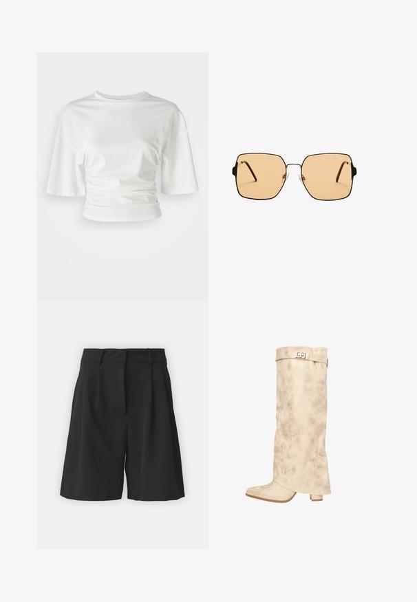 Schwarze Lederjacke mit hohem Kragen, Reißverschluss, vorderen Druckknopftaschen und elastischem Saum; glatte Textur mit detaillierter Naht.; Weißes T-Shirt mit kurzen Ärmeln und Rundhalsausschnitt, mit gerafften Seiten, aus einem weichen Stoff mit glatter Textur und leicht lockerer Passform.; Schwarze Shorts mit maßgeschneidertem Design, vorne mit Falten, breitem Bund und glatter Textur. Keine sichtbaren Taschen.; Knielange cremefarbene Stiefel aus synthetischem Leder mit dezentem Glanz, strukturiertem Finish, Blockabsatz und einem Riemen mit metallischem Verschluss oben.; Quadratische Sonnenbrillen mit braunen Gläsern und einem dünnen schwarzen Metallrahmen. Verfügt über schräg gestaltete Bügel und verstellbare Nasenpads für zusätzlichen Komfort.; Schwarze geflochtene Schultertasche mit einem glatten Ledertragegurt und Reißverschluss. Verfügt über eine strukturierte Oberfläche und eine gebogene Form.