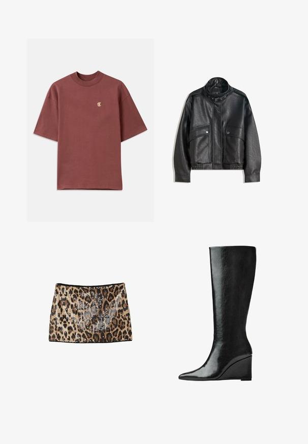 Sort læderjakke med høj krave, lynlås lukning, frontlommer med trykknapper og elastisk kant; glat tekstur med detaljeret syning.; Kortærmet bordeaux t-shirt i bomuld, med rund hals og et lille guld broderet logo på venstre bryst.; Mini nederdel med leopardprint, der har guld- og sorte paljetter, en tætsiddende design og en sort taljeelastik.; Knæhøje sorte læderstøvler med en slank, spids tå og en kilehælk. Overfladen er glat med en blank finish.