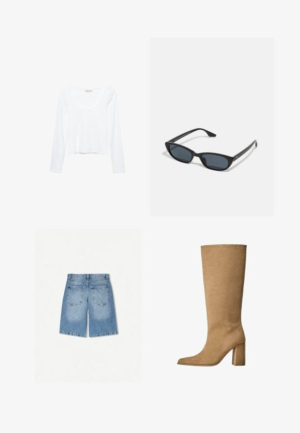 Schwarze Lederjacke mit hohem Kragen, Reißverschluss, vorderen Druckknopftaschen und elastischem Saum; glatte Textur mit detaillierter Naht.; Weißes Langarmoberteil aus weichem Stoff, mit rundem Halsausschnitt und einem cropped Design mit nahtlosen Kanten.; Jeanskurze Hose in Hellblau mit lockerer Passform. Verfügt über zwei Gesäßtaschen und ein gerades Bein-Design. Sanfte Textur mit minimaler Auswaschung.; Hellbraune Wildleder-Stiefel bis zum Knie mit Blockabsatz, spitz zulaufender Zehenform und glatter Textur. Minimalistisches Design ohne Verzierungen.; Schwarze Cat-Eye-Sonnenbrille mit dunklen Gläsern, Kunststoffrahmen, schlanken Bügeln und dezentem Branding an der inneren Seite des Bügels. Matte Oberflächenstruktur.; Schwarze Leder-Umhängetasche mit einer geschwungenen Silhouette, ausgestattet mit einem goldenen Kettenriemen und einer glatten, glänzenden Oberfläche.