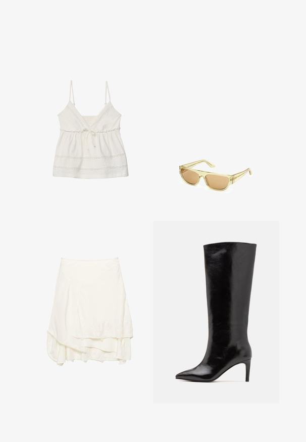 Mustat nahkatakki, jossa on korkea kaulus, vetoketjusuljenta, etupainonapit ja joustava helma; sileä rakenne, jossa on yksityiskohtaisia ompeleita.; Valkoinen hihaton toppi, jossa säädettävät olkaimet, V-mallinen kaula-aukko, kerätty vyötärö ja koristeellinen pitsireuna helman ja vartalon ympärillä. Pehmeää puuvillakangasta.; Valkoinen vyötäröhame kerrostetulla suunnittelulla, jossa on tekstuurinimellistä pitsiä helman varrella, pehmeä materiaali ja virtaava siluetti.; Call it Spring RHODDE - Korolliset saappaat - black; Aurinkolasit, joissa on kirkas keltainen muovikehys ja ruskeat tummennetut linssit. Niillä on suorakulmainen muoto ja tyylikkäät templet.; Musta nahkainen hobo-laukku, jossa on löysä muotoilu, leveä olkahihna ja sileä pinta. Sisältää yhden vetoketjukiinnityksen sivussa.