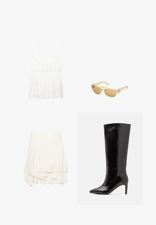 Zwarte leren jas met hoge kraag, ritssluiting, voorkant met drukknopen en elastische zoom; gladde textuur met gedetailleerde stiksels.; Witte, mouwloze top van lichtgewicht stof. Heeft een gerimpelde zoom en gatherdetails bij de buste met verstelbare banden.; Witte wikkelrok met gelaagd ontwerp, voorzien van textuur kant details langs de zoom, zachte stof en een vloeiende silhouet.; Call it Spring RHODDE - Laarzen met hoge hak - black; Zonnebril met een helder gele plastic montuur en bruin getinte lenzen. Heeft een rechthoekige vorm en slanke pootjes.; Zwarte leren hobo tas met een slouchy ontwerp, brede schouderband en een gladde textuur. Heeft een enkele ritssluiting aan de zijkant.