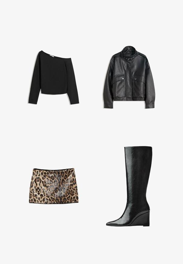 Schwarze Lederjacke mit hohem Kragen, Reißverschluss, vorderen Druckknopftaschen und elastischem Saum; glatte Textur mit detaillierter Naht.; Schwarzes, schulterfreies Langarmoberteil aus weichem Stoff. Verfügt über ein kurzes Design mit einem weiten Ausschnitt und figurschmeichelnden Ärmeln.; Minirock im Leopardenmuster mit goldenen und schwarzen Pailletten, tailliertem Design und schwarzem Bund.; Knöchelhohe schwarze Lederstiefel mit schlanker, spitzer Zehenform und Wedge-Absatz. Die Oberfläche ist glatt mit einem glänzenden Finish.