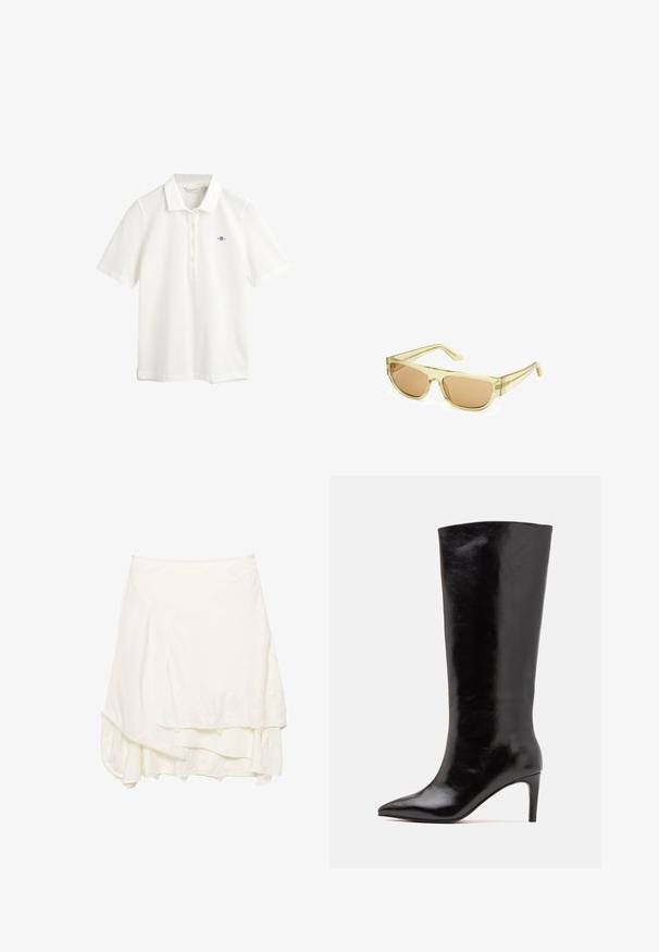 Sort læderjakke med høj krave, lynlås lukning, frontlommer med trykknapper og elastisk kant; glat tekstur med detaljeret syning.; GANT SLIM FIT - Poloshirts - eggshell; Hvid indpakket nederdel med lagdelt design, der har tekstureret blondedetaljer langs kanten, blødt stof og en svævende silhuet.; Call it Spring RHODDE - Højhælede støvler - black; Solsikker med en klar gul plastisk ramme og brune tonede linser. Har en rektangulær form og slanke stænger.; Sort læder hobo taske med et afslappet design, bred skulderrem og glat tekstur. Har en enkelt lynlåslukning på siden.