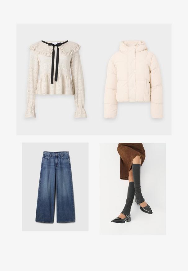 Beige puffer jacket with a hood, featuring a quilted design, snap buttons, and side pockets. Soft, padded texture for warmth.; Light grey knit sweater with long sleeves, crew neck, and central cable knit pattern on the front.; Beige lace top with a ruffled collar and long sleeves. Features a black bow at the neckline and a flared peplum hem.; Wide-leg blue denim jeans with a faded finish, featuring a button and zipper closure, five pockets, and belt loops.; Black patent leather pointed-toe shoes with a block heel and ankle strap, paired with gray ribbed leg warmers and a brown suede skirt.