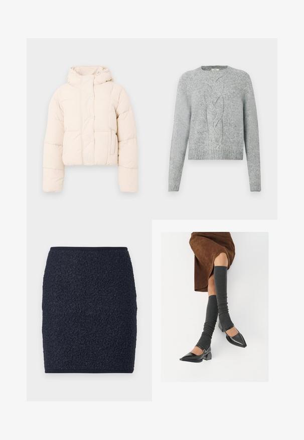Beżowa kurtka puchowa z kapturem, z pikowanym wzorem, zatrzaskami i bocznymi kieszeniami. Miękka, wypełniona tekstura dla ciepła.; Jasnoszary sweter wykonany z dzianiny, z długimi rękawami, okrągłym dekoltem i centralnym wzorem w warkocz na przodzie.; Granatowa spódnica z teksturowanej tkaniny boucle. Prosty krój z dopasowaną sylwetką i gładkim paskiem w talii. Brak widocznych zapięć lub ozdób.; Czarne lakierowane buty na szpilce z prostokątnym obcasem i paskiem na kostce, zestawione z szarymi prążkowanymi ocieplaczami na nogi oraz brązową zamszową spódnicą.