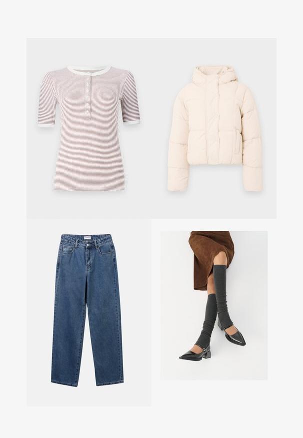 Beige pufferjakke med hætte, prydet med en quiltet design, trykknapper og sidelommer. Blød, polstret tekstur for varme.; Lys grå strikket sweater med lange ærmer, rund hals og centralt kabelstrik på fronten.; Stribet T-shirts med korte ærmer og rund halsudskæring, med knapper foran og en blød tekstur i hvid og mørkerød.; Klassiske blå denimbukser med lige ben, fem lommer og knaplukning. Har en medium vask og en robust tekstur.; Sorte patenterede lædersko med spids tå, blokhæl og ankelrem, kombineret med grå ribbede benvarmere og en brun ruskinds nederdel.