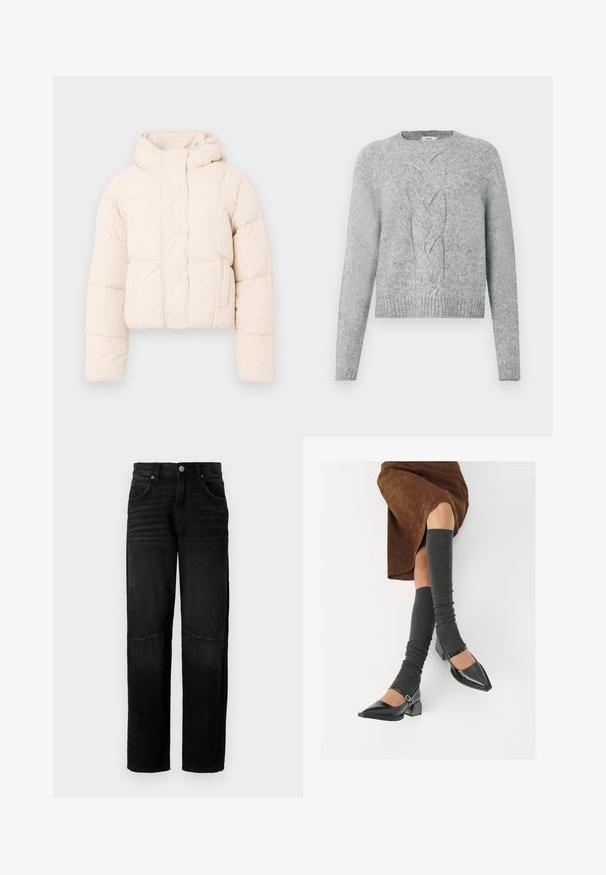 Casaco puffer bege com capuz, apresentando um design acolchoado, botões de pressão e bolsos laterais. Textura suave e acolchoada para aquecimento.; Sweater de malha cinza claro com mangas longas, gola redonda e padrão de malha em trançado central na frente.; Calças de ganga pretas com corte de perna reta, estilo de cinco bolsos, fecho com botão e um leve desbotamento nas coxas e joelhos.; Sapatos pretos de pele lacada com biqueira pontuda, salto bloco e tiras no tornozelo, combinados com caneleiras cinzas em malha e uma saia de camurça castanha.