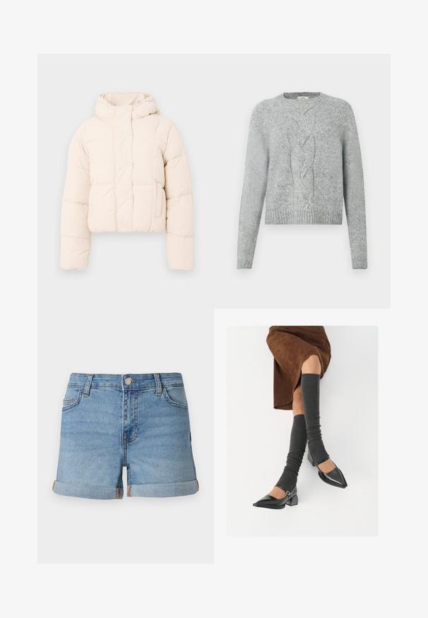 Bees värvi puffer-jakk, millel on kapuuts, tikandiga disain, nööbid ja küljetaskud. Pehme, padjakattega tekstuur soojustamiseks.; Helehallid kudumiga sviiter pikade varrukatega, ümar kaelus ja keskel soonikkoelus muster ees.; Heledad sinine teksashortsid, millel on volditud servad, esine nööbiklipp ja viie tasku disain, millel on kontrastsed õmblused.; Mustad patsaline odav värviga kingad, millel on kreen ja pahkluuring, on paaritatud hallide ribakudumitega sääremiidega ja pruunist nahast seelikuga.