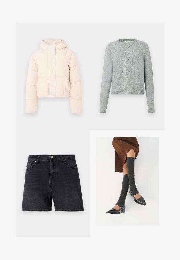Beige puffer jacket with a hood, featuring a quilted design, snap buttons, and side pockets. Soft, padded texture for warmth.; Light grey knit sweater with long sleeves, crew neck, and central cable knit pattern on the front.; Black denim shorts with a classic cut, featuring a button closure, front pockets, and a smooth, slightly textured fabric finish.; Black patent leather pointed-toe shoes with a block heel and ankle strap, paired with gray ribbed leg warmers and a brown suede skirt.