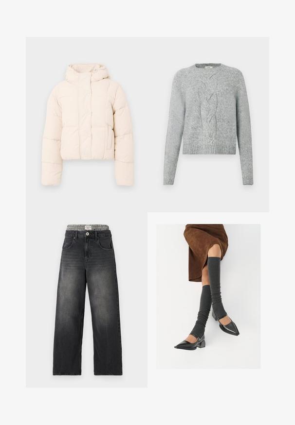 Casaco puffer bege com capuz, apresentando um design acolchoado, botões de pressão e bolsos laterais. Textura suave e acolchoada para aquecimento.; Sweater de malha cinza claro com mangas longas, gola redonda e padrão de malha em trançado central na frente.; Jeans de ganga largos pretos com uma cintura em padrão pied-de-poule. Inclui bolsos frontais e fecho de botão. Textura desgastada.; Sapatos pretos de pele lacada com biqueira pontuda, salto bloco e tiras no tornozelo, combinados com caneleiras cinzas em malha e uma saia de camurça castanha.