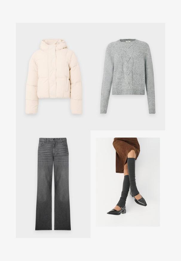 Béžová péřová bunda s kapucí, která má prošívaný design, patentky a boční kapsy. Měkká, polstrovaná textura pro zahřátí.; Světlý šedý pletený svetr s dlouhými rukávy, kulatým výstřihem a centrálním vzorem z copánkového pletení na přední straně.; Šedé denimové kalhoty širokého střihu s mírným umytím, které mají pět kapes, zapínání na předním knoflíku a jemné prošívání.; Černé lakované boty s špičatou špičkou, blokovým podpatkem a kotníkovým páskem, spárované s šedými žebrovanými návleky na nohy a hnědskou sukní z semiše.