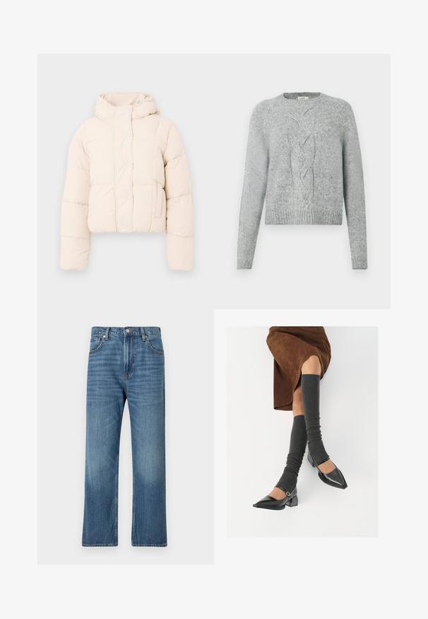 Casaco puffer bege com capuz, apresentando um design acolchoado, botões de pressão e bolsos laterais. Textura suave e acolchoada para aquecimento.; Sweater de malha cinza claro com mangas longas, gola redonda e padrão de malha em trançado central na frente.; Jeans de denim azul com um design de perna reta, estilo de cinco bolsos e um efeito de desbotado. Apresenta um fecho de botão e zip na cintura.; Sapatos pretos de pele lacada com biqueira pontuda, salto bloco e tiras no tornozelo, combinados com caneleiras cinzas em malha e uma saia de camurça castanha.