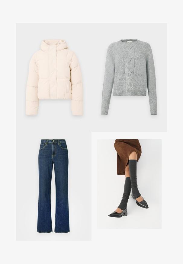 Beige pufferjack met een capuchon, voorzien van een gewatteerd ontwerp, drukknoopsluiting en zijzakken. Zacht, gewatteerd materiaal voor warmte.; Lichtgrijze gebreide trui met lange mouwen, ronde hals en een centraal kabelpatroon aan de voorkant.; Licht vervaagde donkerblauwe denim jeans met een hoge taille, brede pijpen en een klassieke vijfzakkenstijl. Gele stikdetails door het hele ontwerp.; Zwarte gepatineerde leren pumps met een puntige neus, een blokhak en een enkelbandje, gecombineerd met grijze geribde beenwarmers en een bruine suède rok.