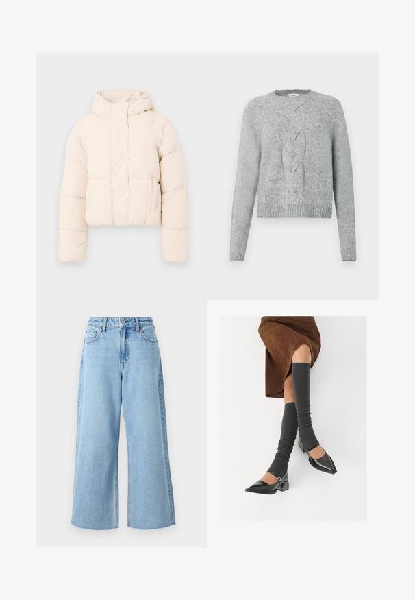 Beige puffer jacket with a hood, featuring a quilted design, snap buttons, and side pockets. Soft, padded texture for warmth.; Light grey knit sweater with long sleeves, crew neck, and central cable knit pattern on the front.; Light blue wide-leg jeans in denim fabric, featuring a high waist, front button closure, and raw hem detailing at the ankle.; Black patent leather pointed-toe shoes with a block heel and ankle strap, paired with gray ribbed leg warmers and a brown suede skirt.