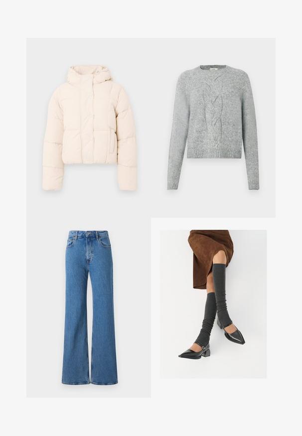 Beidzs puffer jaka ar kapuci, ar kvadrātveida šuvēm, pogām un sānu kabatām. Mīksta, polsterēta tekstūra siltumam.; Gaišs pelēks adīts džemperis ar garām piedurknēm, apaļu kakla izgriezumu un centrālu pīto rakstu priekšpusē.; Platām kājām zili džinsi ar augstu jostasvietu, piedāvā klasisku piecu kabatu dizainu un neapstrādātu apakšmalu, izgatavoti no teksturētas kokvilnas auduma.; Melnas laka ādas apavi ar norādītu purngalu, blokveida papēdi un potīšu jostu, saskaņoti ar pelēkām ribotām kāju sildītājām un brūnu zamšādas svārku.