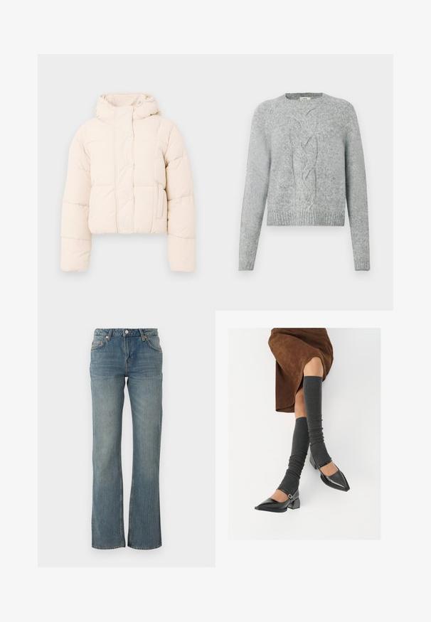 Beige pufferjacka med huva, med en vadderad design, tryckknappar och sidofickor. Mjuk, vadderad textur för värme.; Ljust grå stickad tröja med långa ärmar, rundad halsringning och centralt kabelstickat mönster framtill.; Ljusblå denimjeans har en rak passform, femfickorsdesign och detaljer i koppar. Tyget har en något strukturerad finish.; Svarta lackläderskor med spetsig tå, blockklack och ankelrem, i kombination med grå ribbade benvärmare och en brun mockakjol.