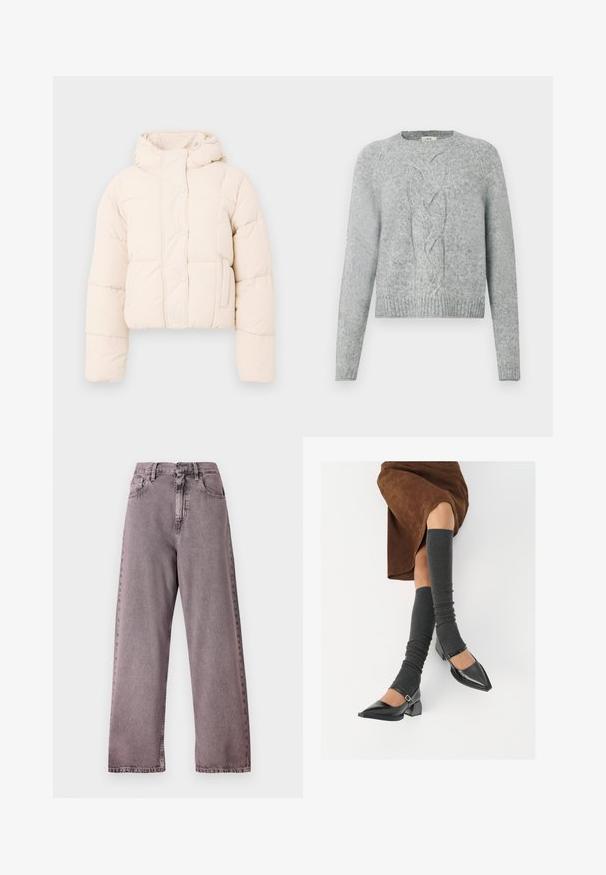 Bež jakna s kapuljačom, s patchwork dizajnom, dugmićima na preklop i bočnim džepovima. Mekana, podstavljena tekstura za toplinu.; Svijetlosivi pleteni pulover s dugim rukavima, okruglim izrezom i središnjim uzorkom pletenice sprijeda.; Traperice s visokim strukom i širokim nogavicama od svijetloplavog denima, s kopčanjem na gumb, pet džepova i suptilnim izbljeđivanjem na šavovima.; Crne lakirane cipele s šiljastim prstima, blok-petom i remenom oko gležnja, uparene s sivim rebrastim čarapama do koljena i smešnom suknjom od antilopa.
