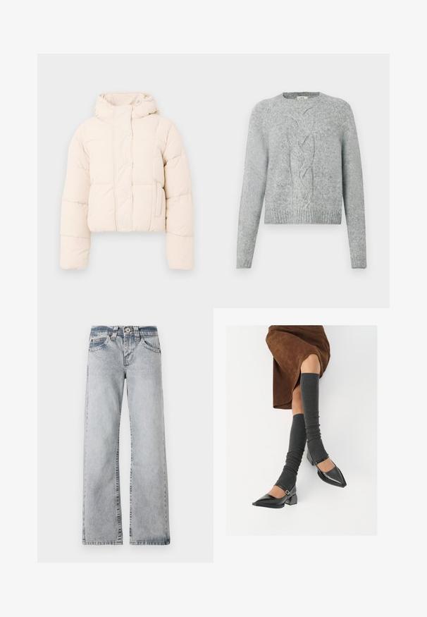Beidzs puffer jaka ar kapuci, ar kvadrātveida šuvēm, pogām un sānu kabatām. Mīksta, polsterēta tekstūra siltumam.; Gaišs pelēks adīts džemperis ar garām piedurknēm, apaļu kakla izgriezumu un centrālu pīto rakstu priekšpusē.; Gai zilā džinsu bikses ar plaša kāju dizainu. Standarta jostasvieta, piecu kabatu stils un redzamā šuvju apdare.; Melnas laka ādas apavi ar norādītu purngalu, blokveida papēdi un potīšu jostu, saskaņoti ar pelēkām ribotām kāju sildītājām un brūnu zamšādas svārku.