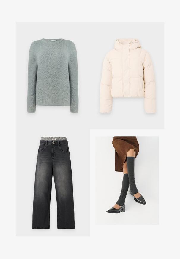 Béžová zateplená bunda s kapucňou, zariadená prešívaným vzorom, cvokovými gombíkmi a bočnými vreckami. Mäkkučký, polstrovaný materiál pre teplo.; Svetlomodrý pletený sveter s okrúhlym výstrihom, dlhými rukávmi a textúrovaným vzorom vlny po celej tkanine.; Čierne džínsy voľného strihu s pásom s houndstooth vzorom. Obsahujú predné vrecká a zapínanie na gombík. Zničená textúra.; Čierne lakované kožené topánky s špicatou špičkou, blokovým podpätkom a členkovým remienkom, ktoré sú kombinované so šedými rebrovanými legínami a hnedou zamšovou sukňou.