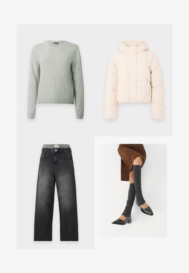 Beige színű pufi dzseki, kapucnival, steppelt dizájnnal, patent gombokkal és oldal zsebekkel. Puha, párnázott textúra a melegségért.; Világosszürke, hosszú ujjú, kerek nyakú pulóver, bordázott mandzsettákkal és aljjal, sima fehér háttér előtt bemutatva.; Fekete farmer széles lábú farmernadrág, sakktáblás mintájú derékkal. Jellemzői közé tartozik a frontzsebek és a gombos záródás. Hangsúlyozottan megkopott textúra.; Fekete lakk bőrből készült, hegyes orrú cipők, tömbsarkúakkal és bokapánttal, szürke bordás lábszármelegítőkkel és barna velúr szoknyával párosítva.